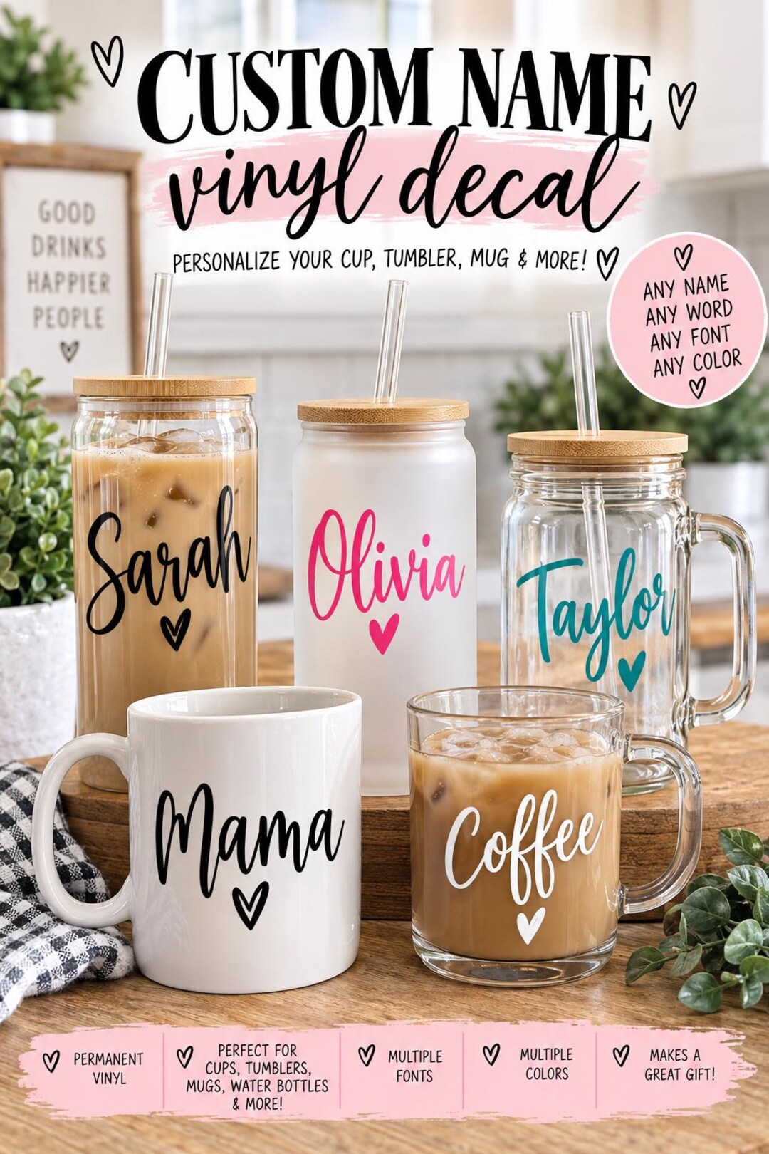Custom Name Vinyl Decal – Personalized Cup, Tumbler or Water Bottle ...