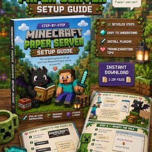 May include: A Minecraft Paper Server setup guide book featuring a blocky character and dragon on the cover. The guide includes step-by-step instructions, plugin installation tips, and troubleshooting advice for creating a server on a personal computer.