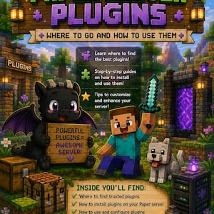 May include: A digital guide titled How to Setup Paper Server Plugins featuring a black dragon holding a sign, a character holding a diamond sword, and a white wolf. The text includes instructions on finding, installing, and configuring server plugins.