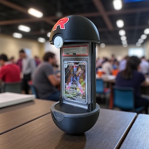 Op de afbeelding: Een zwart en grijs Pokémon-kaart display stand in de vorm van een Poké Ball. De stand houdt een beoordeelde Pokémon-kaart met een kleurrijke illustratie vast. De bovenkant van de stand heeft een rood "R" logo.