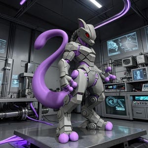 May include: A grey and purple robotic Pokemon figure stands on a metal platform. The figure has a long, curved tail and red eyes. The background is a laboratory setting with screens and equipment.