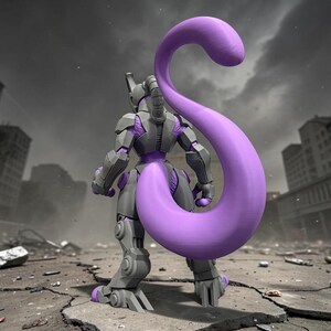 Puede incluir: Una figura rob&oacute;tica gris y morada con una larga cola morada curvada se encuentra sobre una superficie de hormig&oacute;n agrietada. La figura tiene un dise&ntilde;o mec&aacute;nico con articulaciones y blindaje visibles. El fondo muestra un paisaje urbano destruido bajo un cielo nublado.