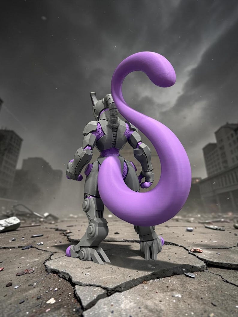 Puede incluir: Una figura rob&oacute;tica gris y morada con una larga cola morada curvada se encuentra sobre una superficie de hormig&oacute;n agrietada. La figura tiene un dise&ntilde;o mec&aacute;nico con articulaciones y blindaje visibles. El fondo muestra un paisaje urbano destruido bajo un cielo nublado.