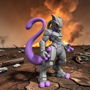 Puede incluir: Una figura rob&oacute;tica gris y morada con ojos rojos, sobre tierra agrietada con un fondo de fuego. La figura tiene una larga cola morada curvada y est&aacute; dise&ntilde;ada con formas geom&eacute;tricas.