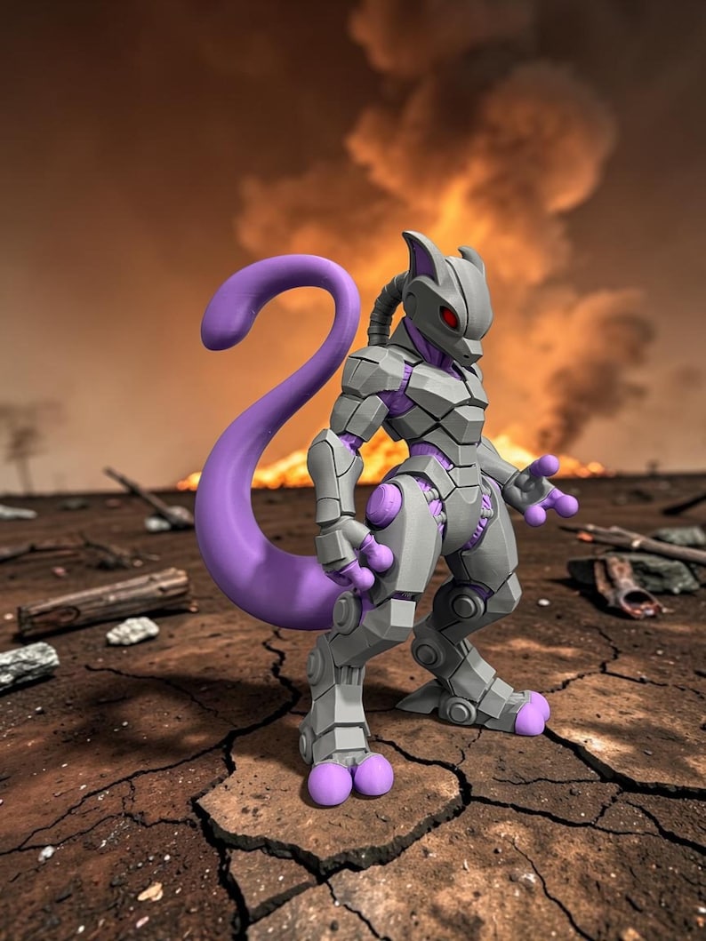 Puede incluir: Una figura rob&oacute;tica gris y morada con ojos rojos, sobre tierra agrietada con un fondo de fuego. La figura tiene una larga cola morada curvada y est&aacute; dise&ntilde;ada con formas geom&eacute;tricas.