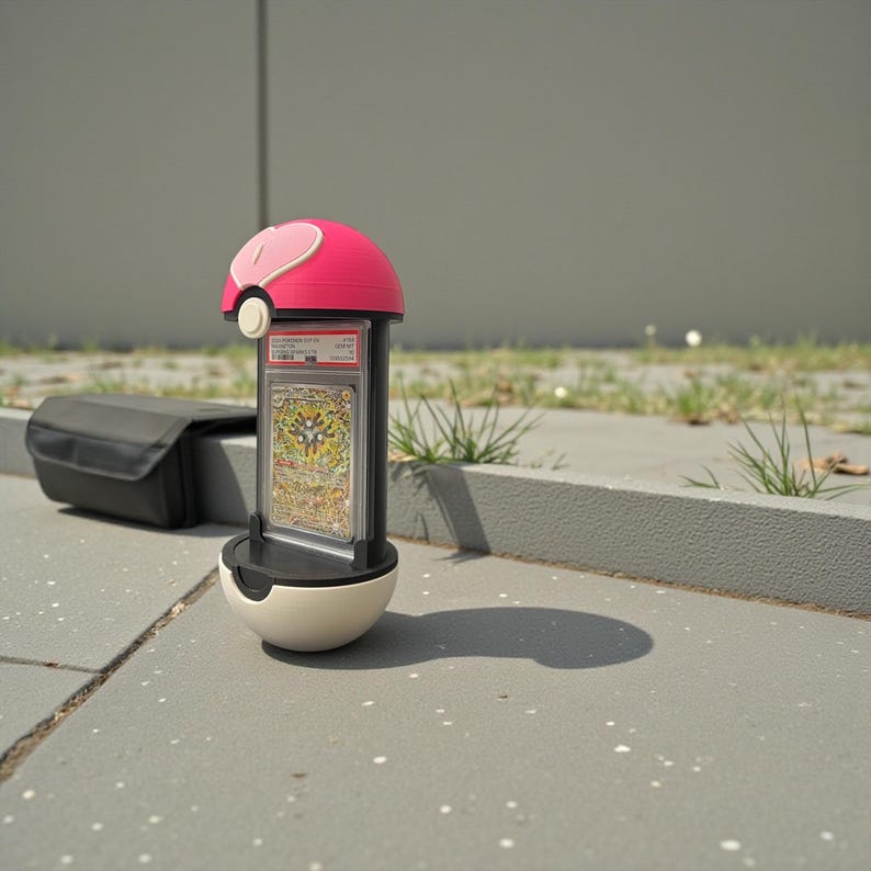 Puede incluir: Un expositor rosa y blanco con forma de Pok&eacute; Ball, que contiene una carta coleccionable calificada. El expositor est&aacute; sobre una superficie gris con un estuche negro en el fondo. La carta es visible dentro de una funda protectora transparente.