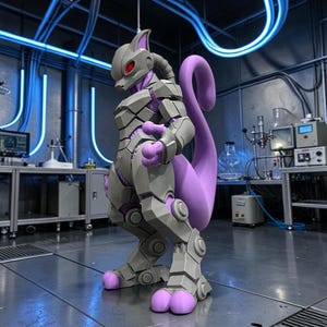 Puede incluir: Una figura gris y morada de una criatura rob&oacute;tica con forma de gato y ojos rojos. La figura est&aacute; en un entorno de laboratorio con luces de ne&oacute;n azules y equipo cient&iacute;fico. La figura tiene una larga cola morada.