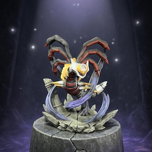 May include: A detailed figurine of a creature with a segmented body, multiple limbs, and a head with a distinctive design. The figure is primarily red, black, and yellow, mounted on a stone-like pedestal with purple accents.