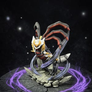 May include: A detailed figurine of a serpentine creature with a white and gold head, red and black claws, and a silver body. The figure is posed on a cracked stone base with purple energy effects. The background is a dark space with white stars.