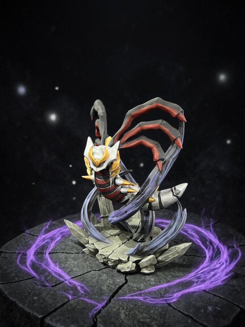 May include: A detailed figurine of a serpentine creature with a white and gold head, red and black claws, and a silver body. The figure is posed on a cracked stone base with purple energy effects. The background is a dark space with white stars.