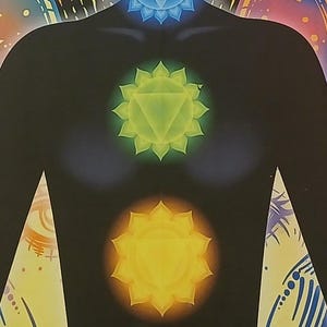 Puede incluir: Una silueta negra de una persona con siete chakras, cada uno de un color diferente, mostrada sobre un fondo colorido. Los chakras son: corona, tercer ojo, garganta, corazón, plexo solar, sacro y raíz. La imagen también incluye una variedad de cristales.