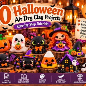 Halloween Air Dry Clay Tutorial PDF, 10 Cute DIY Clay Projects, Step by Step Craft Guide, Halloween Decorations, Beginner Craft Patterns