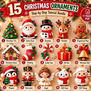 以下が含まれることがあります： クリスマスオーナメント15種類の作り方チュートリアルセット。ツリー、サンタクロース、雪だるま、トナカイ、ジンジャーブレッドマン、家、靴下、キャンディケイン、ギフトボックス、ベル、ペンギン、くるみ割り人形、天使、ヤギ、羊が1から15の番号付きで紹介されています。