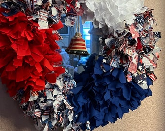 Rag Wreath Red, White and blue  Patriotic Holiday Decorating