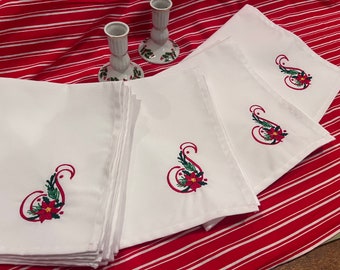 Napkins-Christmas Monogrammed Personalized Holiday Dinner Napkins with Poinsettia Set of 6