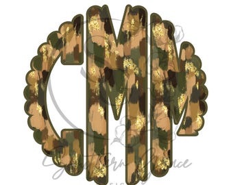 May include: A round monogram with the letters "CM" in a green, brown, and gold camouflage pattern.