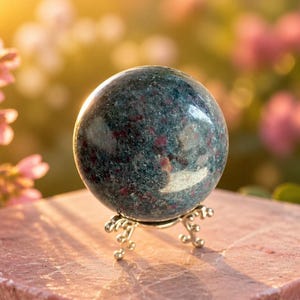 May include: A polished spherical stone featuring a mottled texture with deep blue, green, and dark red mineral inclusions. The sphere rests securely on a small, ornate, silver-toned metal tripod stand with curved, branch-like legs and feet.