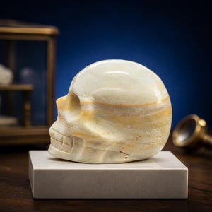May include: A carved skull sculpture in cream and tan tones, with visible layers and a polished finish. The skull is displayed on a square, light grey base, set against a dark blue backdrop. The skull's details include eye sockets, a nose cavity, and a carved jaw.