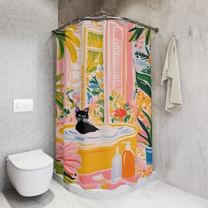 Matisse Inspired Shower Curtain, Whimsical Cat Art, Vibrant Black Cat, Tropical Bath Accent image 6