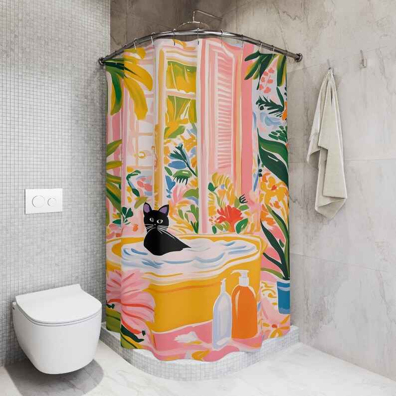 Matisse Inspired Shower Curtain, Whimsical Cat Art, Vibrant Black Cat, Tropical Bath Accent image 6