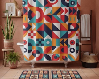 Cortina de ducha geométrica moderna de mediados de siglo, decoración retro para el baño