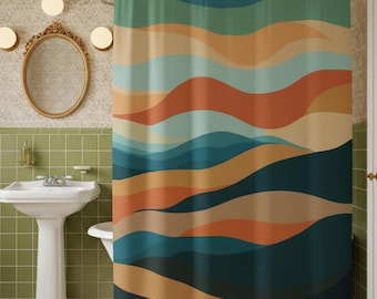 Retro Wave Shower Curtain, Mid-Century Modern Boho Bathroom Decor