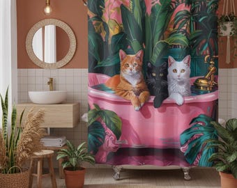 Whimsical Cat Art Shower Curtain, Matisse Inspired Artistic Cat Decor, Colorful Jungle Vibe