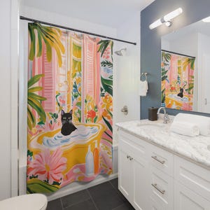 Matisse Inspired Shower Curtain, Whimsical Cat Art, Vibrant Black Cat, Tropical Bath Accent image 4