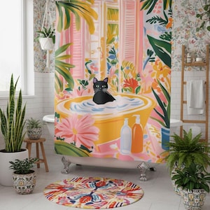 Matisse Inspired Shower Curtain, Whimsical Cat Art, Vibrant Black Cat, Tropical Bath Accent image 1
