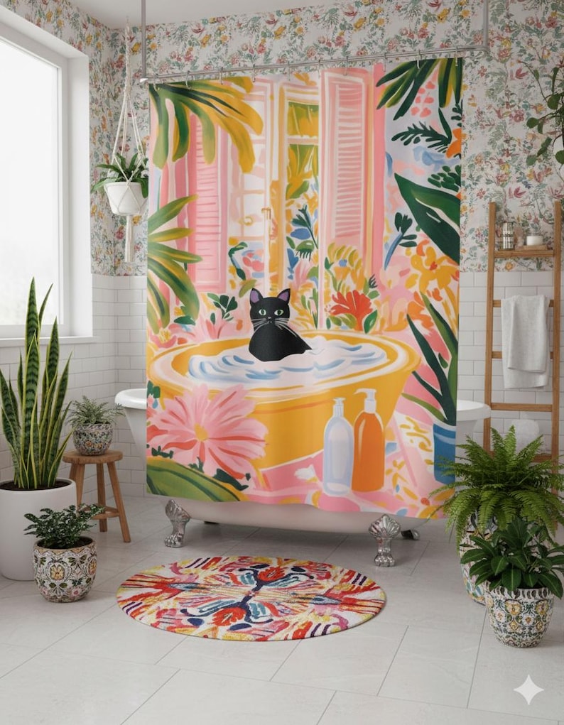 Matisse Inspired Shower Curtain, Whimsical Cat Art, Vibrant Black Cat, Tropical Bath Accent image 1
