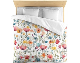 Watercolor Wildflowers Duvet Cover, Cottagecore Floral Bedding, Rustic Garden Style