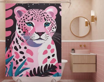 Pink Leopard Art Shower Curtain with Vibrant Animal Print | Bold Tropical Accent