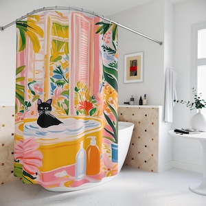 Matisse Inspired Shower Curtain, Whimsical Cat Art, Vibrant Black Cat, Tropical Bath Accent image 5