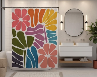 Abstract Floral Art Shower Curtain | Bohemian Bathroom with Bold Colorful Style, Matisse-inspired