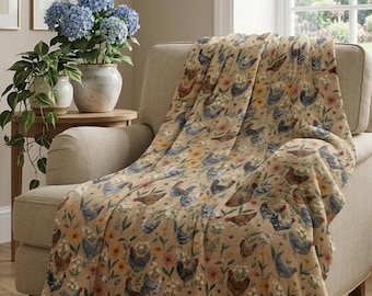 Chicken Patterned Fleece Blanket,  Farmhouse Decor, Cottage Style Soft Blanket,Rustic Sofa Cover