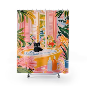 Matisse Inspired Shower Curtain, Whimsical Cat Art, Vibrant Black Cat, Tropical Bath Accent image 2