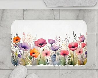 "Aquarell Wildblumen Feld Badezimmer Matte, Floral Mohnblume Duschteppich, Badezimmer Frühlingsdekor."