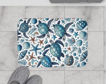 Coastal Sea Life Bath Mat | Turtle Starfish Bathroom Rug | Ocean Theme Memory Foam Mat
