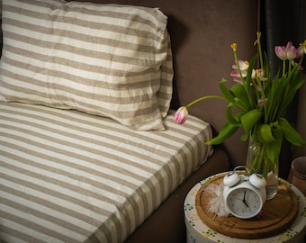 Funda de almohada de lino hecha a mano, rayas anchas beige y gris, cierre tipo sobre