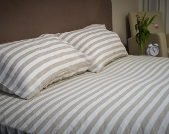 Linen Bedding Set Beige Gray Wide Stripe , Breathable Washed Linen, 4-Piece