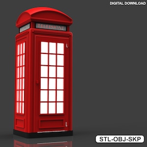 May include: A red telephone booth with a white door and a sign that says "TELEPHONE".