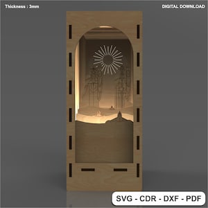 May include: A laser cut wooden model of a three-dimensional scene with a starburst design and figures. The model is 3 mm thick and is designed to be assembled. The image includes the text "SVG - CDR - DXF - PDF" and "DIGITAL DOWNLOAD".