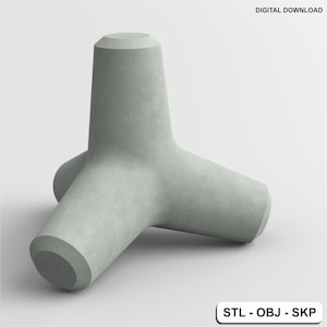 May include: A three-legged concrete sculpture with a rounded top. The sculpture is a light gray color and has a rough texture.