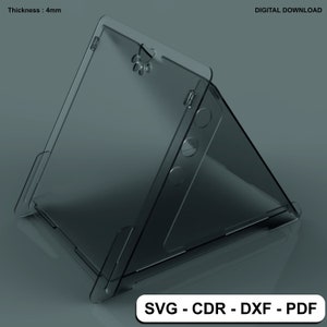 Puede incluir: Un soporte para teléfono de acrílico transparente con un recorte en forma de huella de pata y tres agujeros. El soporte está diseñado para sostener un teléfono en posición vertical y tiene un grosor de 4 mm. Se incluyen archivos SVG, CDR, DXF y PDF.