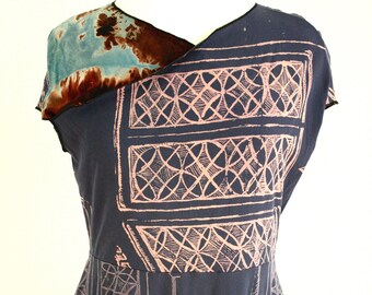 Size MEDIUM Eclipse Dress, in hand printed navy blue and shibori rayon, size medium blue dress, one of a kind