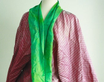 Size XLARGE  PLUS Cascades Kimono in hand-dyed berry pink and lime green silk with pockets, kimono wrap, kimono, silk jacket, kimono jacket