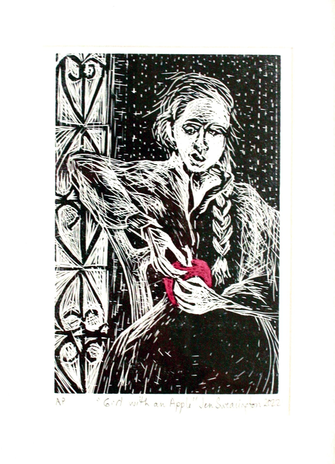 Girl with an Apple," Ready-to-Frame Affordable Art, Original Woodcut Print in limited edition