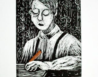 Long Lashed Boy," Affordable Art, Original Woodcut Print in limited edition