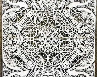 Swan Song" tyvek papercut, one of a kind original art, handcut tyvek paper snowflake art, inspired by travel in France