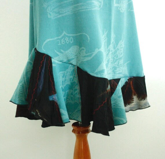 Hand Printed Patchwork Mermaid Skirt teal blue skirt aline | Etsy